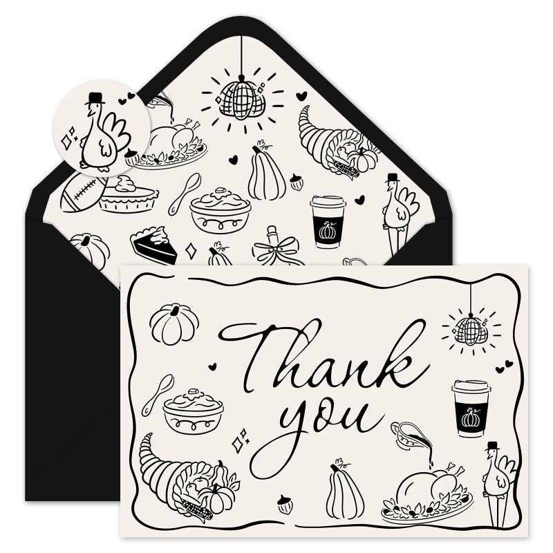 Whaline 24 Pack Thanksgiving Thank You Cards Fall Black Turkey Pumpkin Pie Thank You Greeting Note Cards with Envelope Sticker for Autumn Harvest Wedding - Image 1